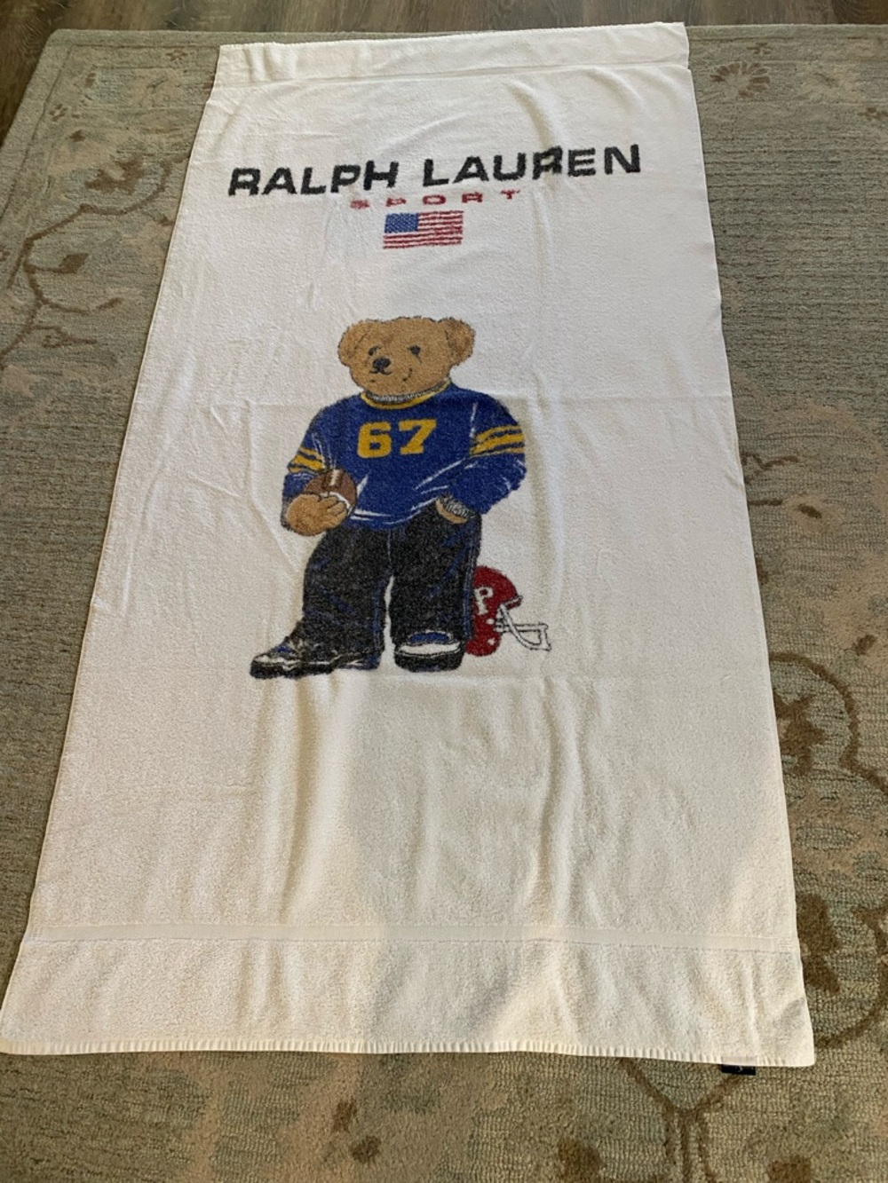 Ralph Lauren White Beach Towel with Blue & Yellow Polo Bear
